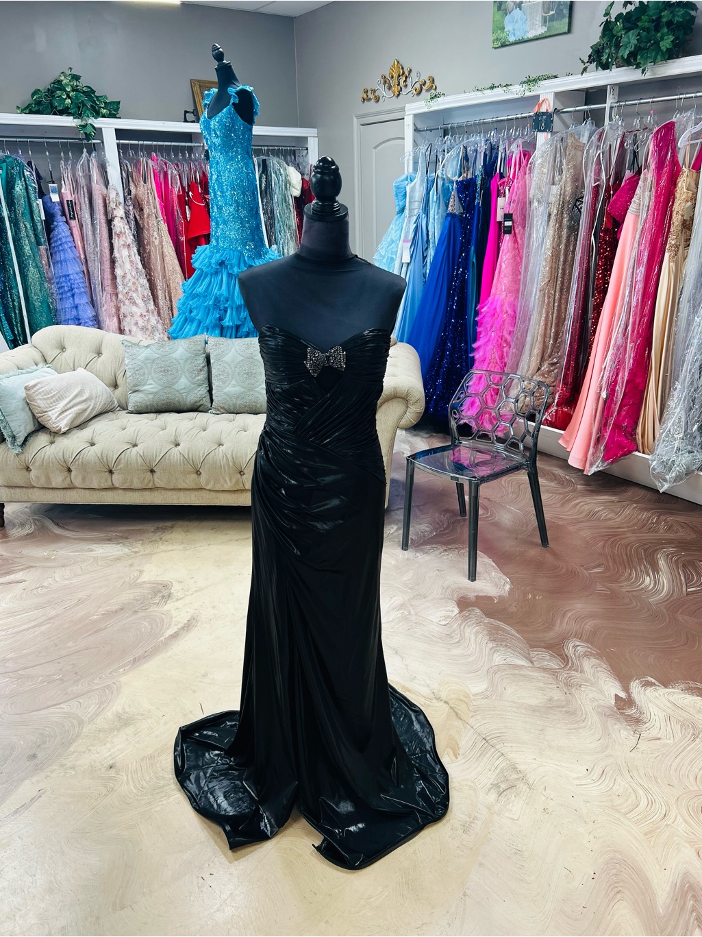 Black Strapless Evening Gown With Rhinestone Bow Accent